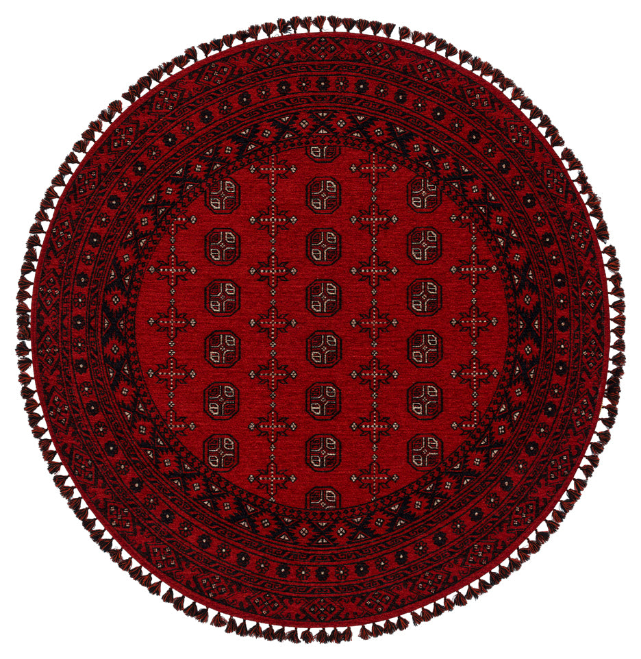 Şiraz 04 Red Q Afgan El Dokuma Görünümlü Yuvarlak Kilim – Yıkanabilir Dekoratif Kilim