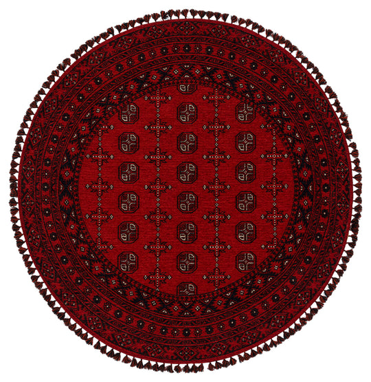 Şiraz 04 Red Q Afgan El Dokuma Görünümlü Yuvarlak Kilim – Yıkanabilir Dekoratif Kilim