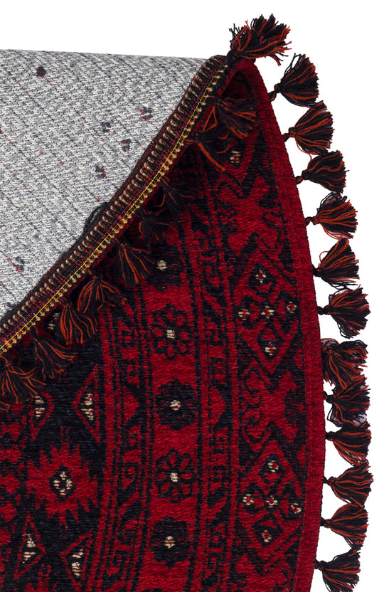 Şiraz 04 Red Q Afgan El Dokuma Görünümlü Yuvarlak Kilim – Yıkanabilir Dekoratif Kilim