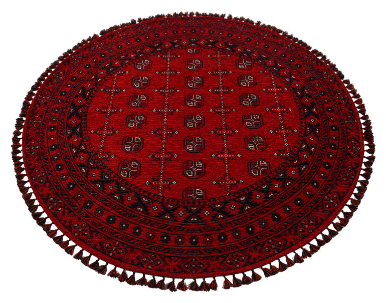 Şiraz 04 Red Q Afgan El Dokuma Görünümlü Yuvarlak Kilim – Yıkanabilir Dekoratif Kilim