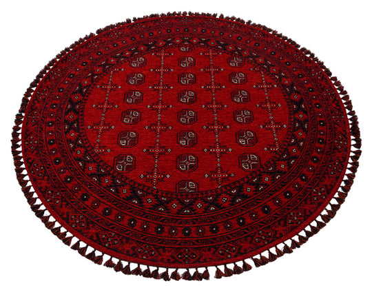 Şiraz 04 Red Q Afgan El Dokuma Görünümlü Yuvarlak Kilim – Yıkanabilir Dekoratif Kilim