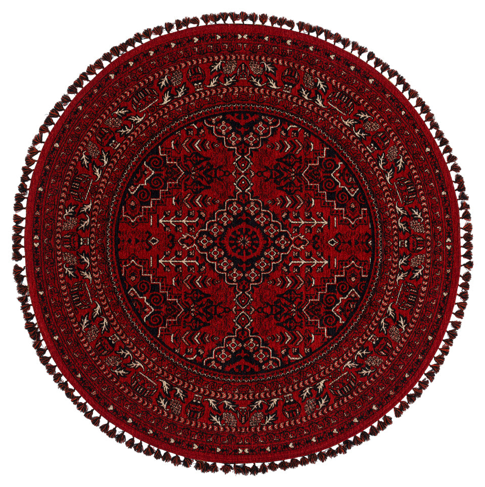 Şiraz 05 Red Q Afgan El Dokuma Görünümlü Yuvarlak Kilim – Yıkanabilir Dekoratif Kilim
