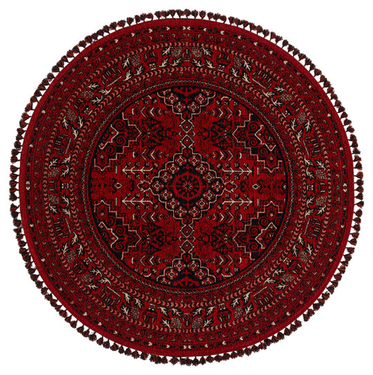 Şiraz 05 Red Q Afgan El Dokuma Görünümlü Yuvarlak Kilim – Yıkanabilir Dekoratif Kilim