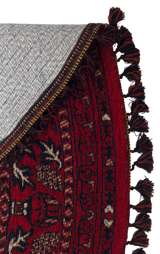 Şiraz 05 Red Q Afgan El Dokuma Görünümlü Yuvarlak Kilim – Yıkanabilir Dekoratif Kilim