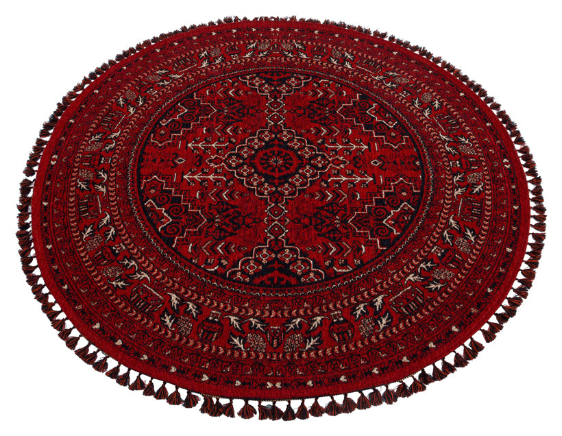 Şiraz 05 Red Q Afgan El Dokuma Görünümlü Yuvarlak Kilim – Yıkanabilir Dekoratif Kilim