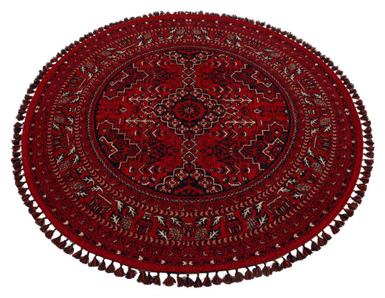 Şiraz 05 Red Q Afgan El Dokuma Görünümlü Yuvarlak Kilim – Yıkanabilir Dekoratif Kilim