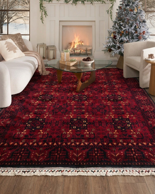 Historic 960 Red Afgan Desenli El Emeği Ile Özel Tezgahlarda Üretilen Bambu Uşak Halısı