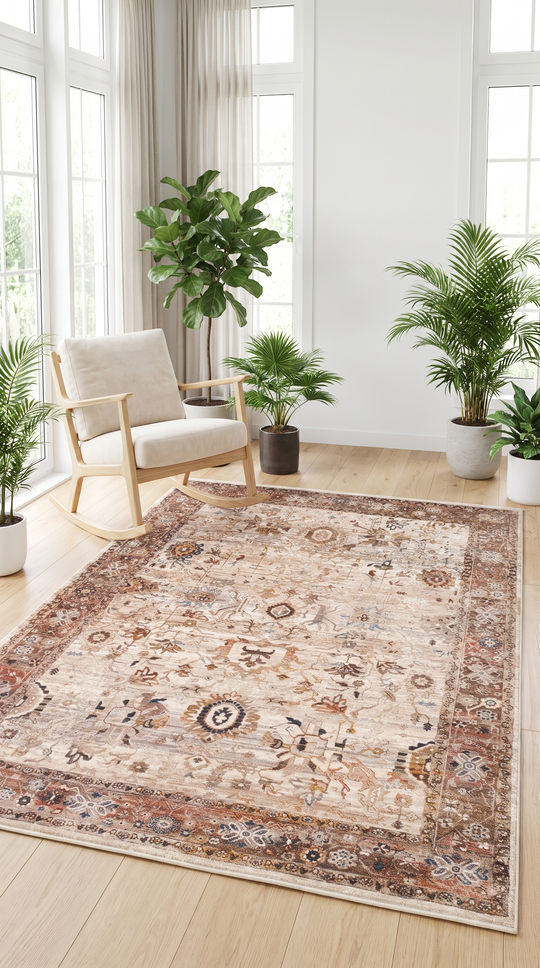 Caretta 22 Cream Brown Yumuşak Dokulu Vintage Eskitme Desenli Sıcak Renk Tonlarına Sahip Salon Halısı