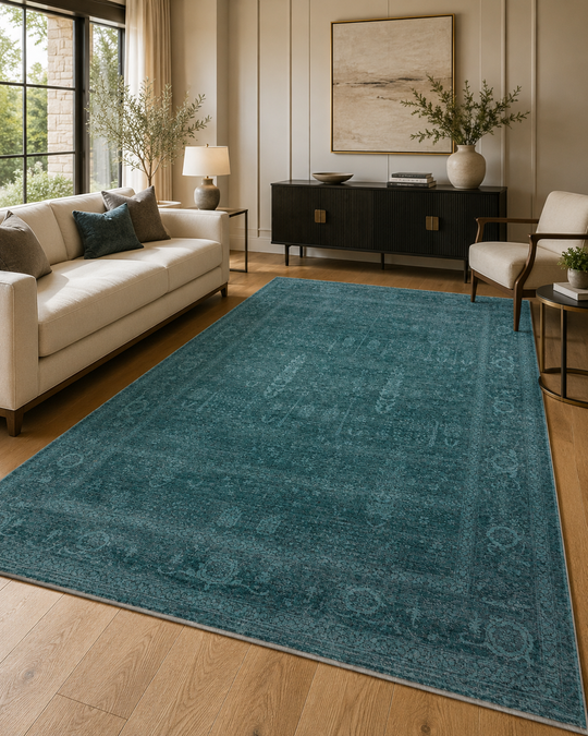 Harmoni 03 Turquoise Vintage Eskitme Desenli Yumuşak Robot Süpürgeye Uygun Salon Oturma Odası Halısı