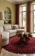 Şiraz 04 Red Q Afgan El Dokuma Görünümlü Yuvarlak Kilim – Yıkanabilir Dekoratif Kilim