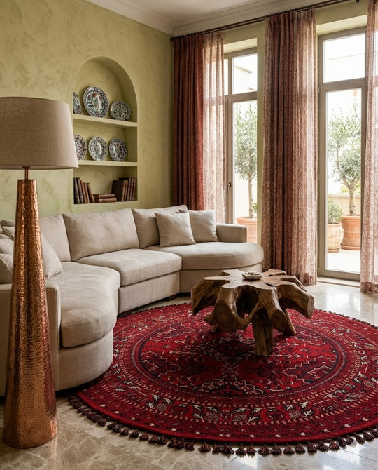 Şiraz 04 Red Q Afgan El Dokuma Görünümlü Yuvarlak Kilim – Yıkanabilir Dekoratif Kilim