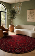 Şiraz 02 Red Q Afgan El Dokuma Görünümlü Yuvarlak Kilim – Yıkanabilir Dekoratif Kilim