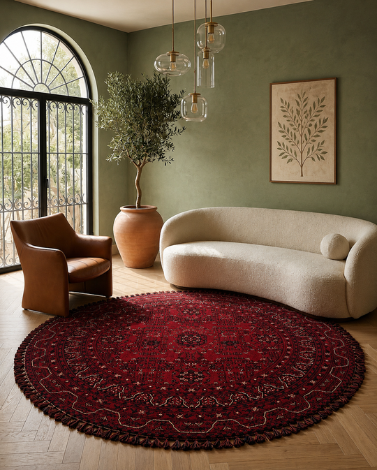 Şiraz 02 Red Q Afgan El Dokuma Görünümlü Yuvarlak Kilim – Yıkanabilir Dekoratif Kilim