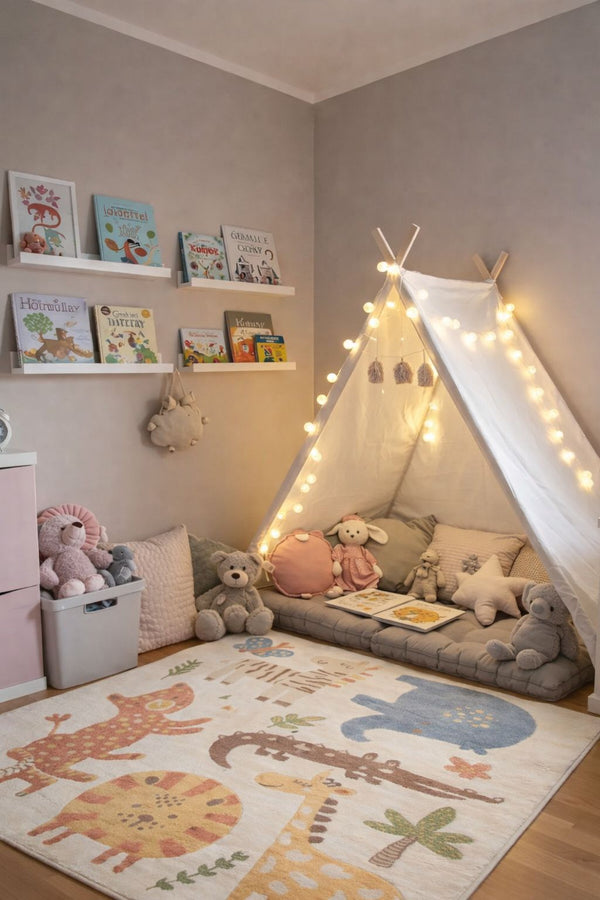 MiniZoo 06 Cream Multy Canlı Renklere Sahip Hayvan Figürlü Bebek ve Çocuk Odası Halısı