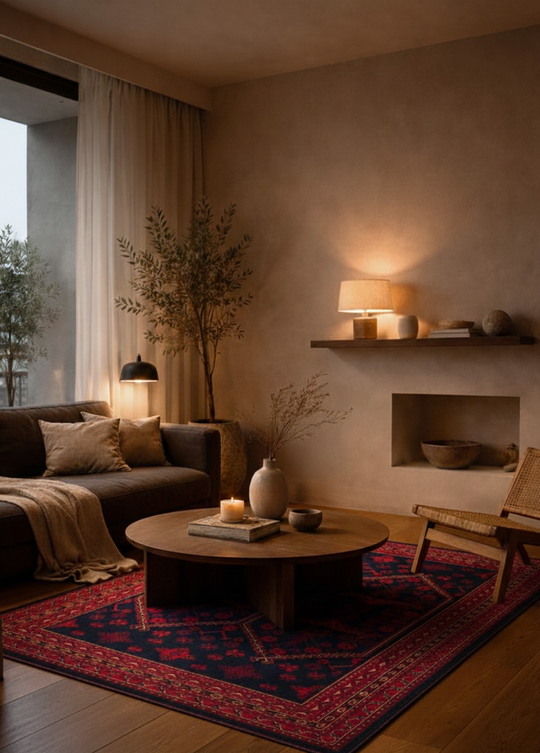 Buhara 01 Navy Afgan Desenli Viskon ile Üretilen Parlak ve Yumuşak Doku, Tabanı Kaydırmaz İnce Halı