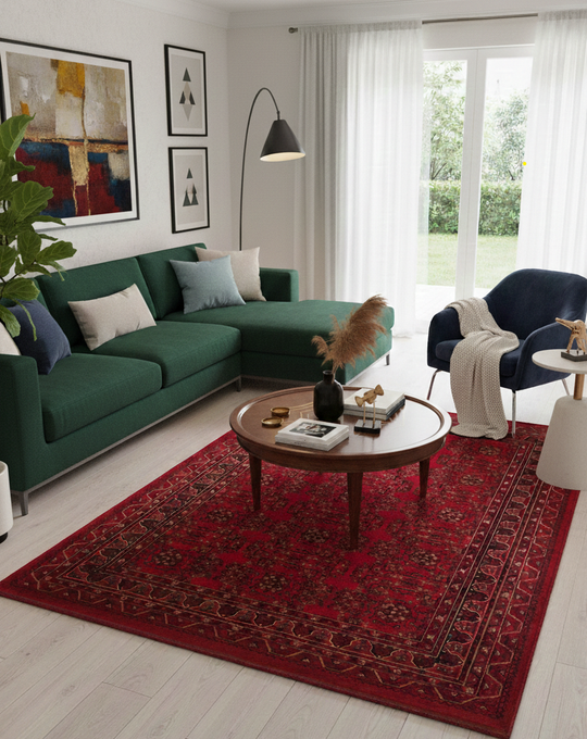 Buhara 04 Red Afgan Desenli Viskon ile Üretilen Parlak ve Yumuşak Doku, Tabanı Kaydırmaz İnce Halı