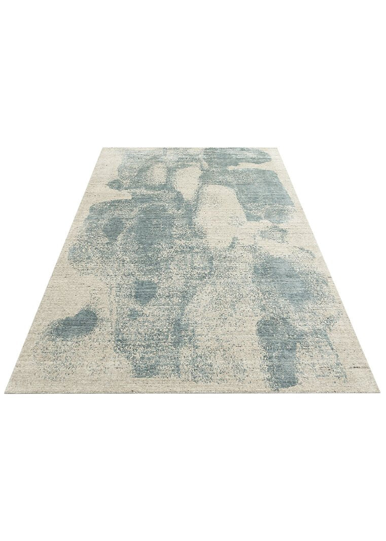 Grace Beıge Blue, Kendinden Desenli Yün, Viskon ve Pamuk Karışımlı Desenli Zarif Salon Halısı